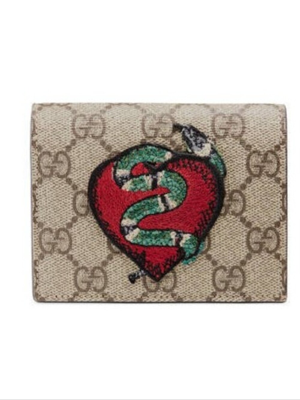 Gucci Beige GG Canvas Wallet with Red Heart and Green Snake Embroidery